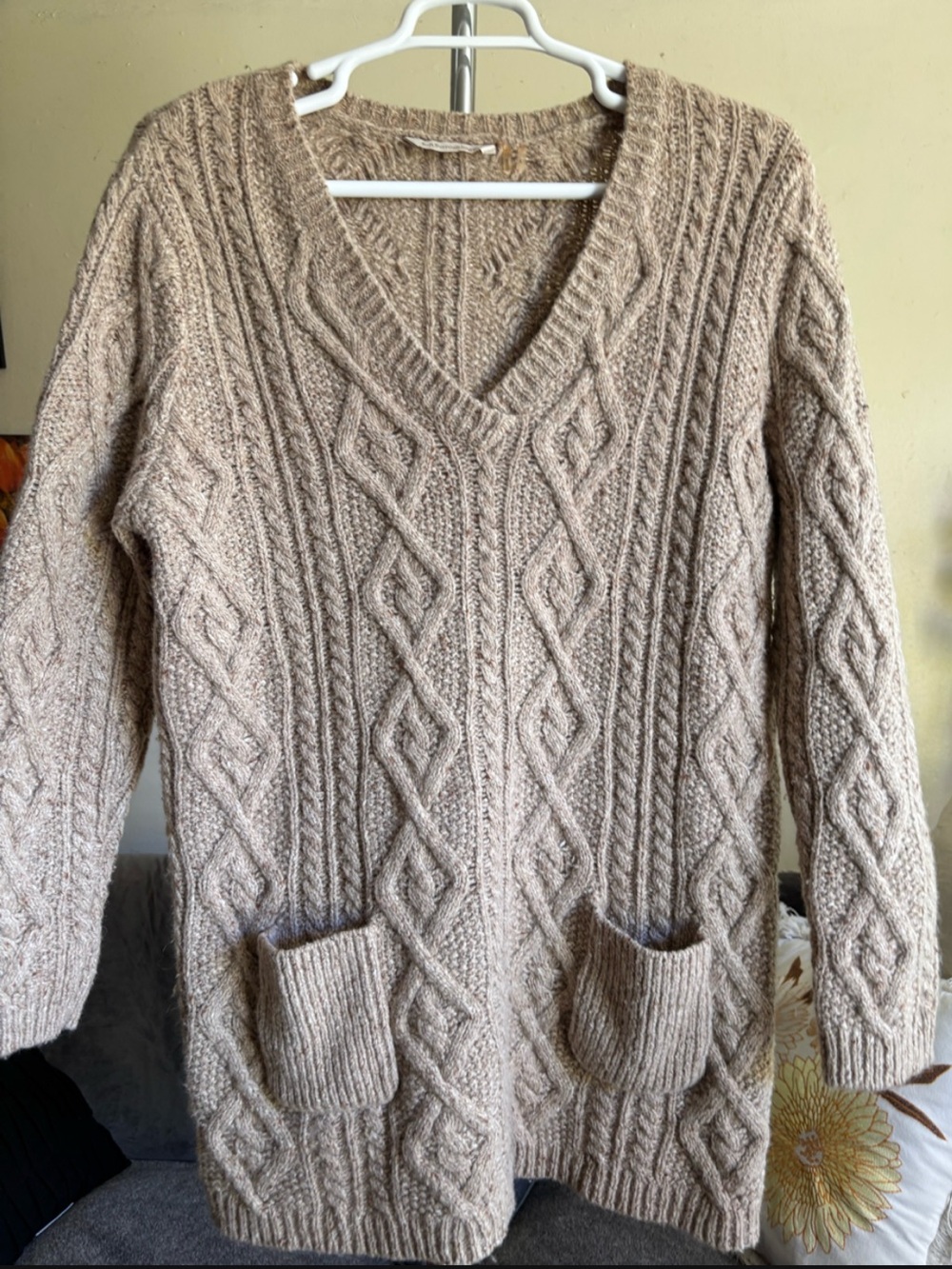 Soft Surroundings Wool Alpaca Cashmere VNeck Cable Knit Tunic Sweater Tan Size L